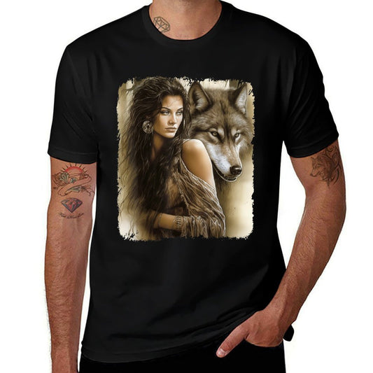 Woman And Gray Wolf Fantasy Art Painting  Oversized Silhouette T-Shirt