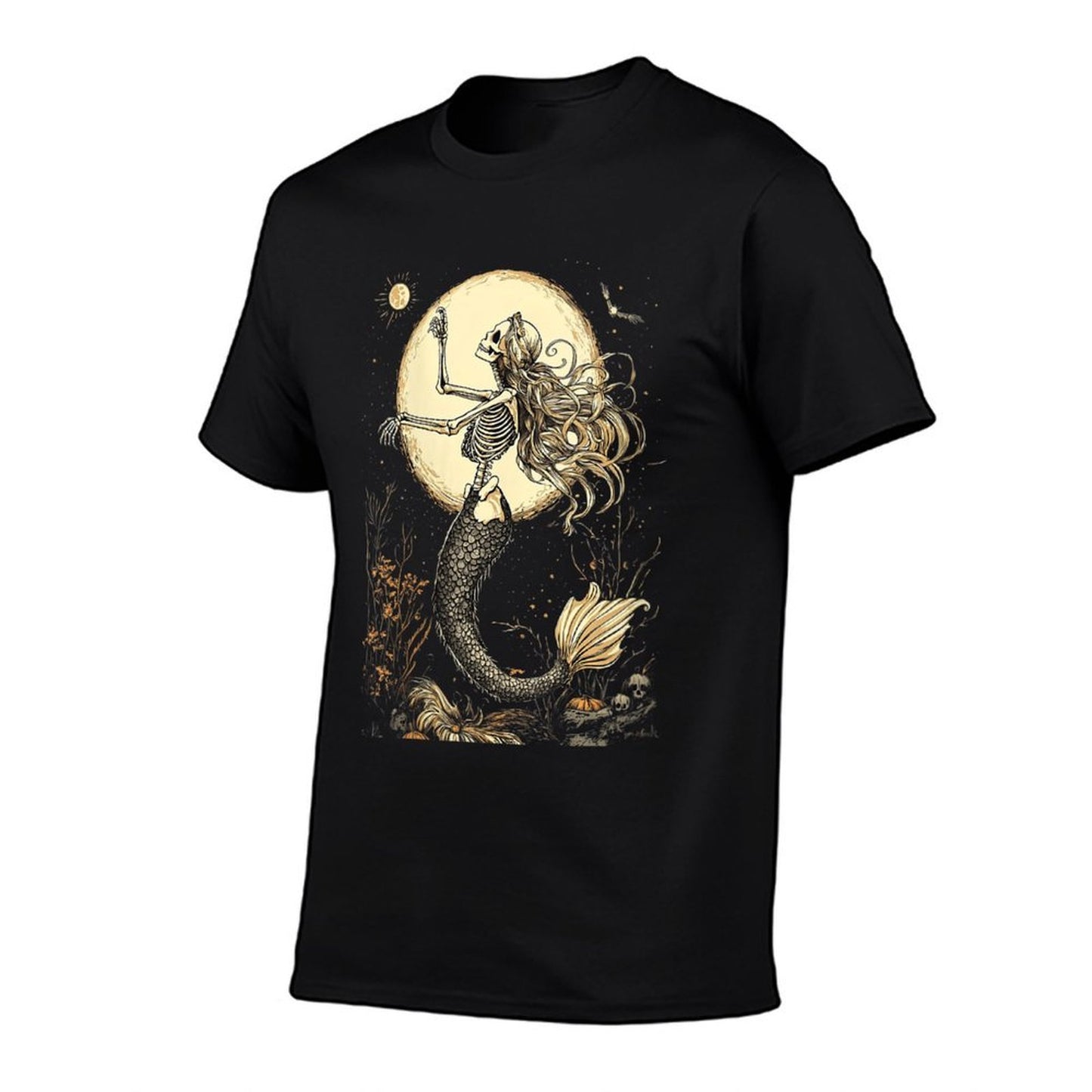Womens Moonlit Mermaid Skeleton Mystical Halloween Fantasy Gothic  Slim-fit Cut T-Shirt