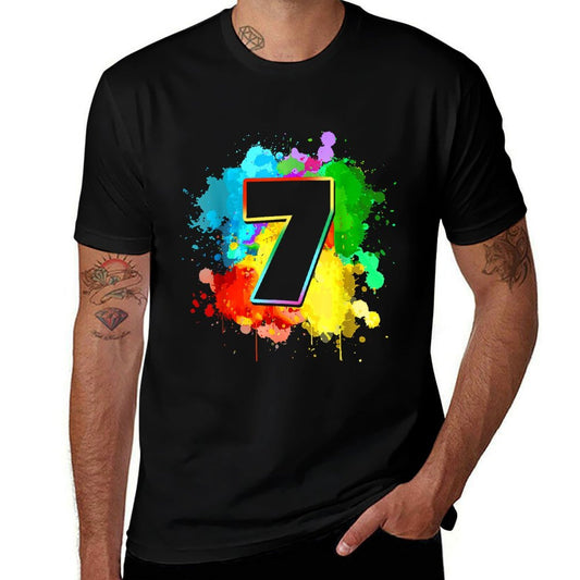 7th Birthday Colorful Paint Splashes 7 Year Old Tie Dye Bday  Trendy Pattern T-Shirt