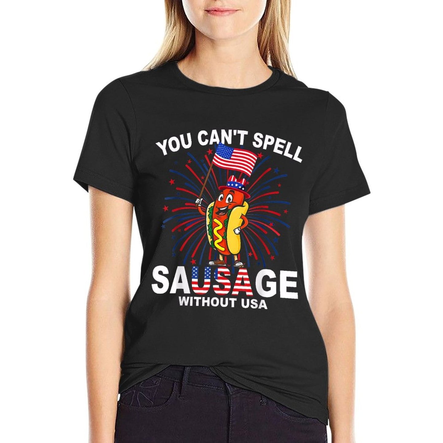You Cant Spell Sausage Without USA Funny Wiener 4th Of July  Lightweight T-Shirt