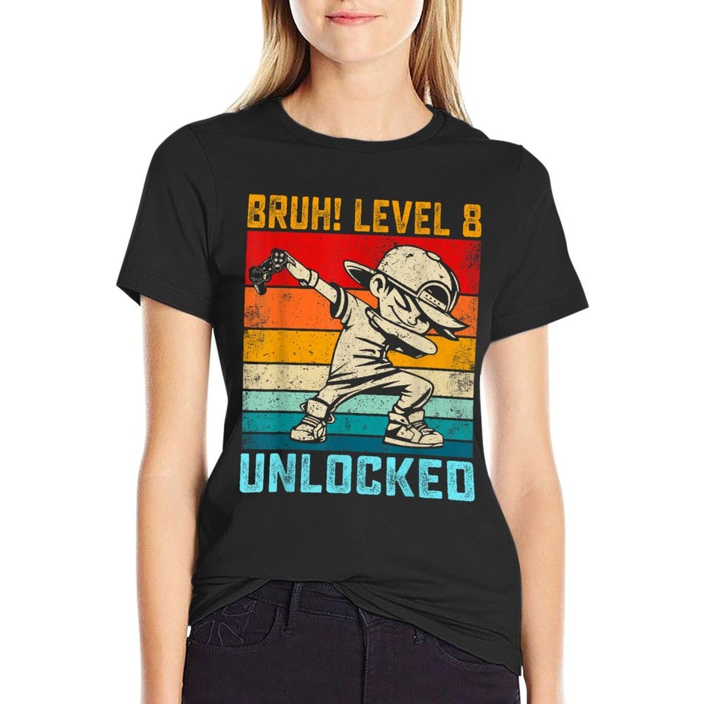 8 Year Old 8th Birthday Dabbing Boy Bruh Level 8 Unlocked  Summer-ready Fabric T-Shirt