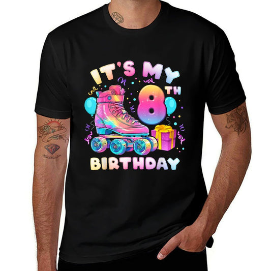 8th Birthday Girl 8 Years, Roller Skates, Number 8  Rolled Sleeves T-Shirt