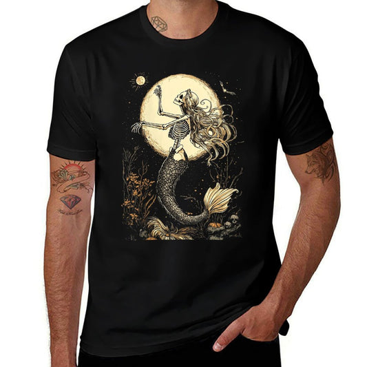 Womens Moonlit Mermaid Skeleton Mystical Halloween Fantasy Gothic  Slim-fit Cut T-Shirt
