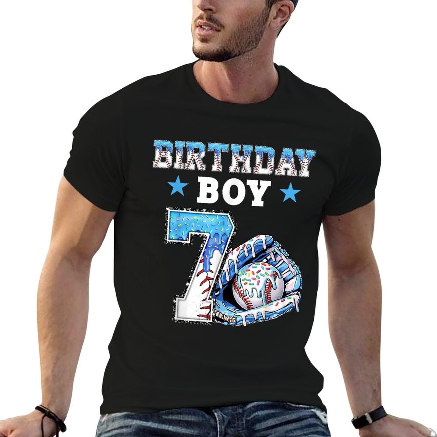7th Birthday Boy Baseball Ice Cream Drip 7 Year Old Kids  Fade-proof Color T-Shirt