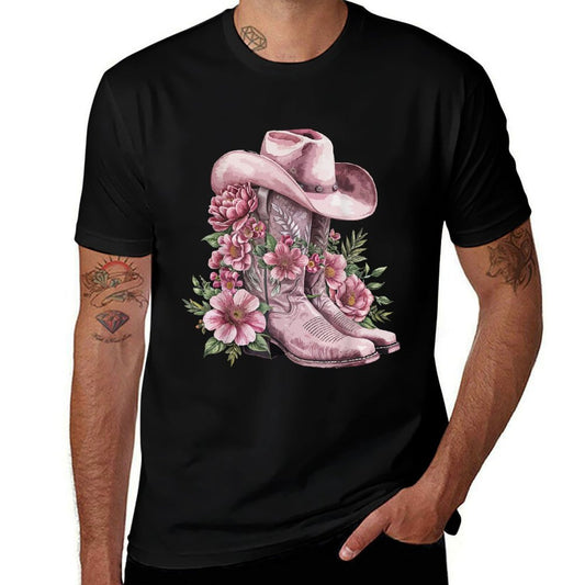 Watercolor Cowgirl Floral Boots Hat Western Boots Boho Women  Relaxed-fit T-Shirt