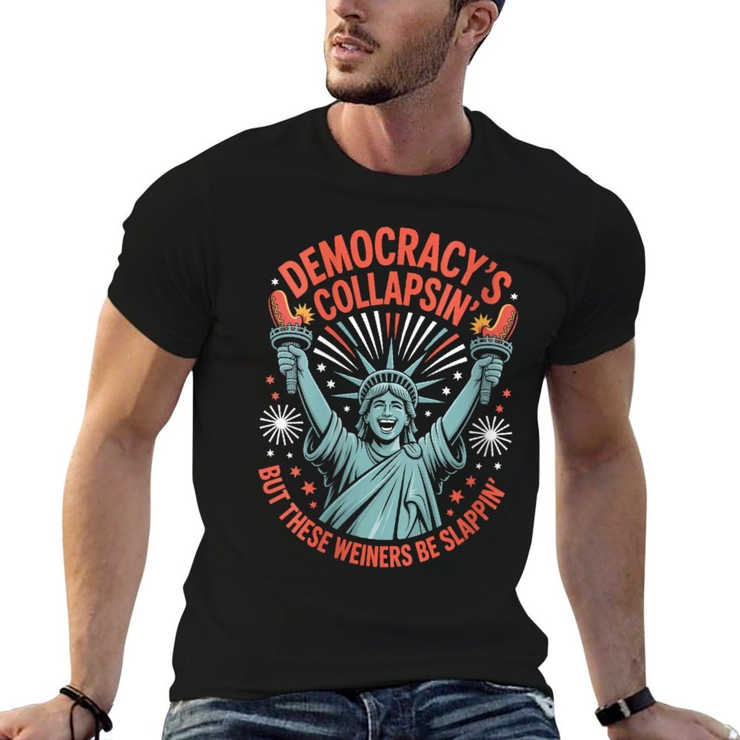Womens Funny Democracys Collapsin But These Wieners Be Slappin  Ribbed Collar T-Shirt