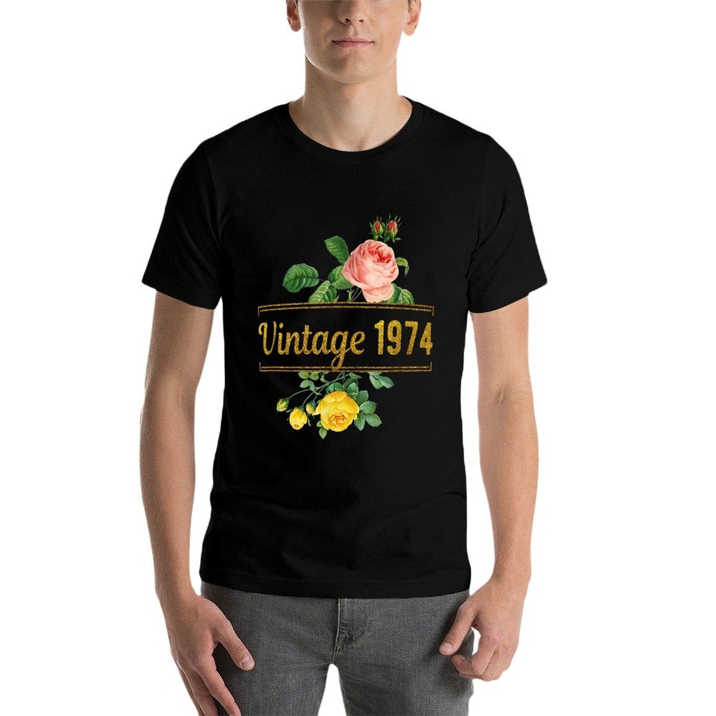 Vintage 1974 Classic Retro Rose Flower Floral 50th Birthday  Relaxed-fit T-Shirt