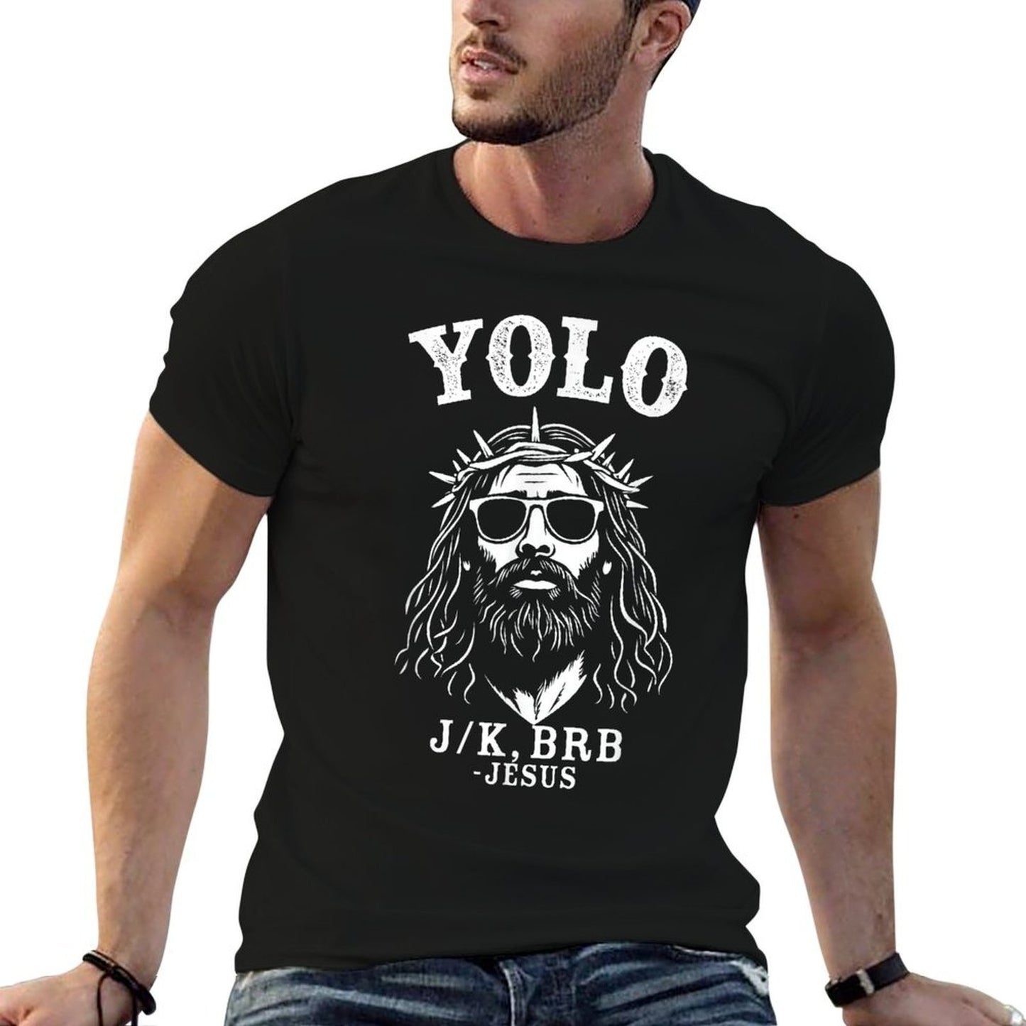Yolo Jk Brb Funny Jesus for Christian Easter  Ribbed Collar T-Shirt