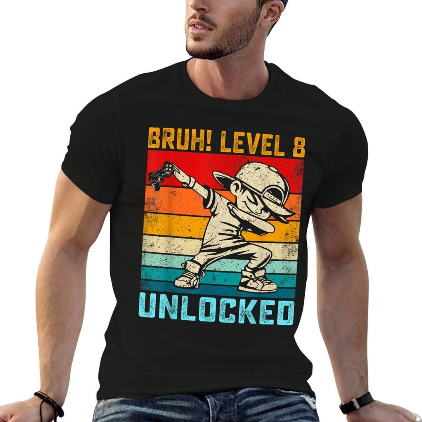 8 Year Old 8th Birthday Dabbing Boy Bruh Level 8 Unlocked  Summer-ready Fabric T-Shirt