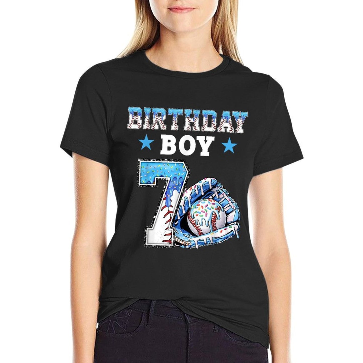 7th Birthday Boy Baseball Ice Cream Drip 7 Year Old Kids  Fade-proof Color T-Shirt