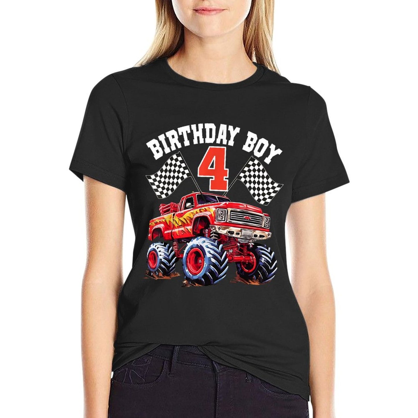 4 Year Old 4th Birthday Boys Monster Truck Car  Durable T-Shirt