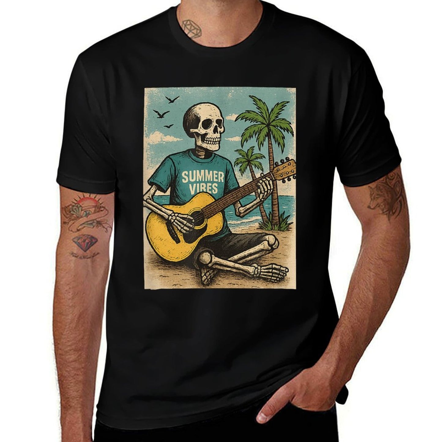 Vintage Skeleton Summer Vibes Funny Beach Guitar  High-quality Stitching T-Shirt
