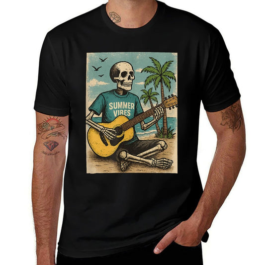 Vintage Skeleton Summer Vibes Funny Beach Guitar  High-quality Stitching T-Shirt