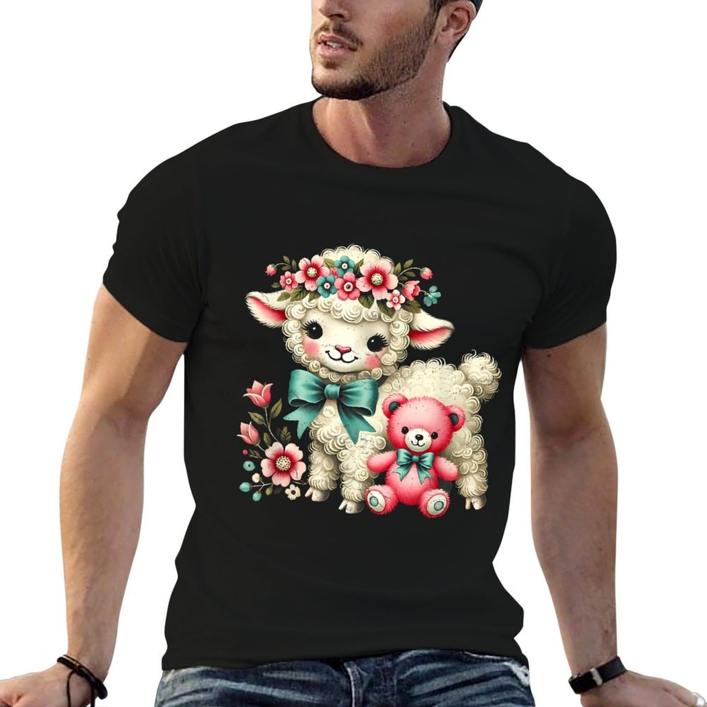 Vintage Easter Cute Lamb Bear Spring Flowers Retro  Lightweight T-Shirt