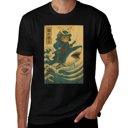 Vintage Anime Cat Japanese Funny Samurai Cat Riding Shark  Durable T-Shirt