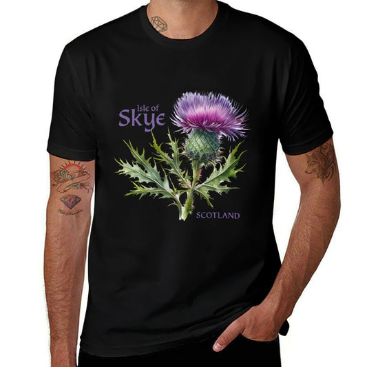 Utopia Sport Isle of Skye Scotland Shop Adult Unisex XX-Large Black Cotton 100 Artistic Modern Floral with Watercolor Thistle,  Rolled Sleeves T-Shirt