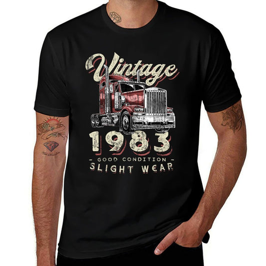 Vintage 1983 Trucker Big Rig Truck Driver 40th Birthday  Ribbed Collar T-Shirt