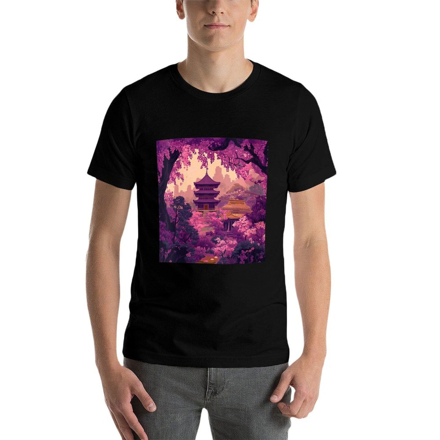 Womens Sakura Blossoms And City Skyline at Twilight  Oversized Silhouette T-Shirt