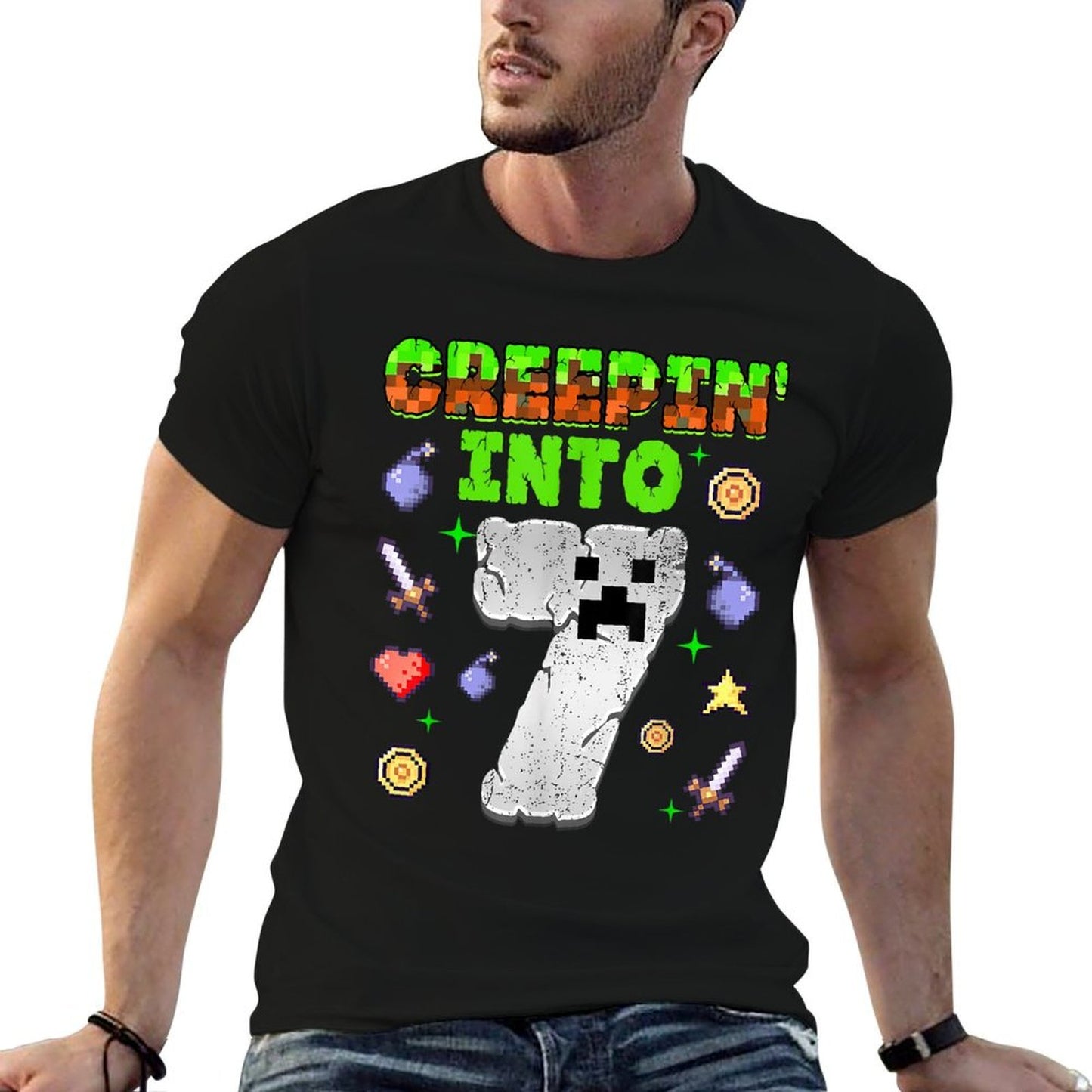 7th Birthday Gamer Pixel Creepin’ Into 7 Video Game Party  Rolled Sleeves T-Shirt
