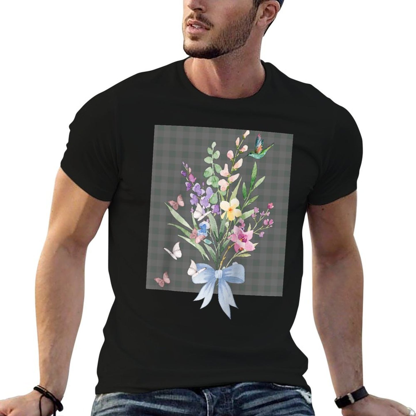 WOMENS HUMMINGBIRD FLORAL WATERCOLOR FLOWER GARDEN BOUQUET Raglan Baseball  Ribbed Collar T-Shirt