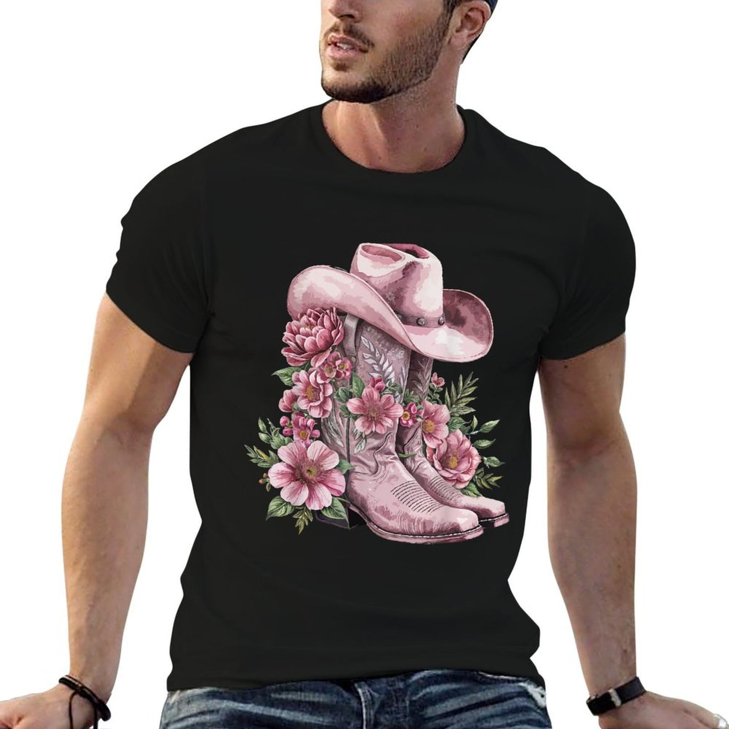 Watercolor Cowgirl Floral Boots Hat Western Boots Boho Women  Relaxed-fit T-Shirt