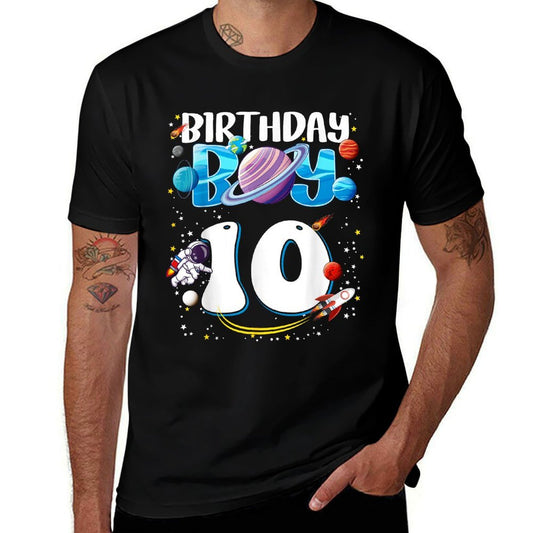 10th Birthday Boy Astronaut Space Planets Ten Years Old  Ribbed Collar T-Shirt