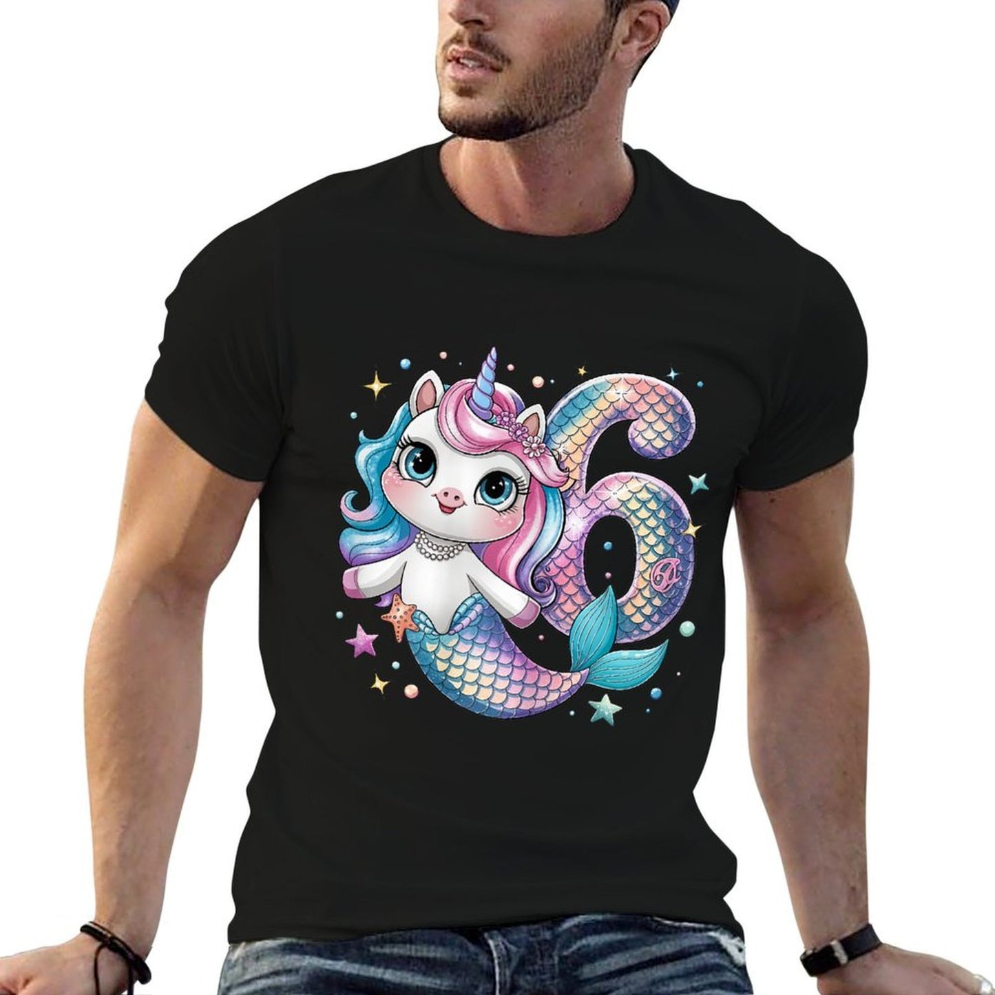 Unicorn Mermaid 6th Birthday 6 Year Old Party Girls Outfit  Rolled Sleeves T-Shirt