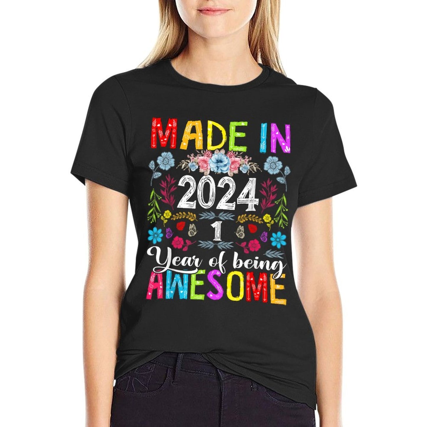 1 Years Old Made In 2024 Funny Floral 1st Birthday Girls  Rolled Sleeves T-Shirt
