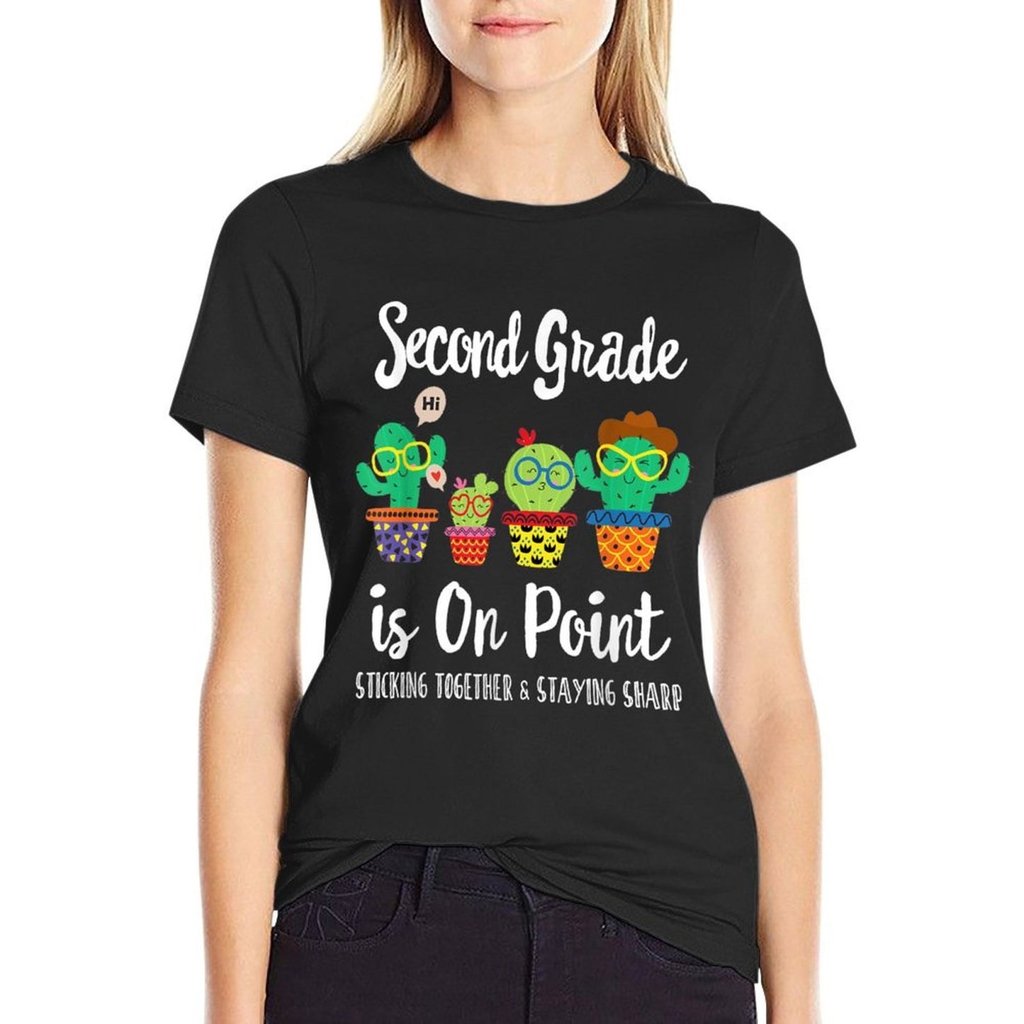 2nd Grade Is on Point, 1st Day of School Cactus Teacher Men Women Kids  Ribbed Collar T-Shirt
